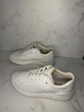 Chanel White Sequin Lace Up Low Top Sneakers with Box